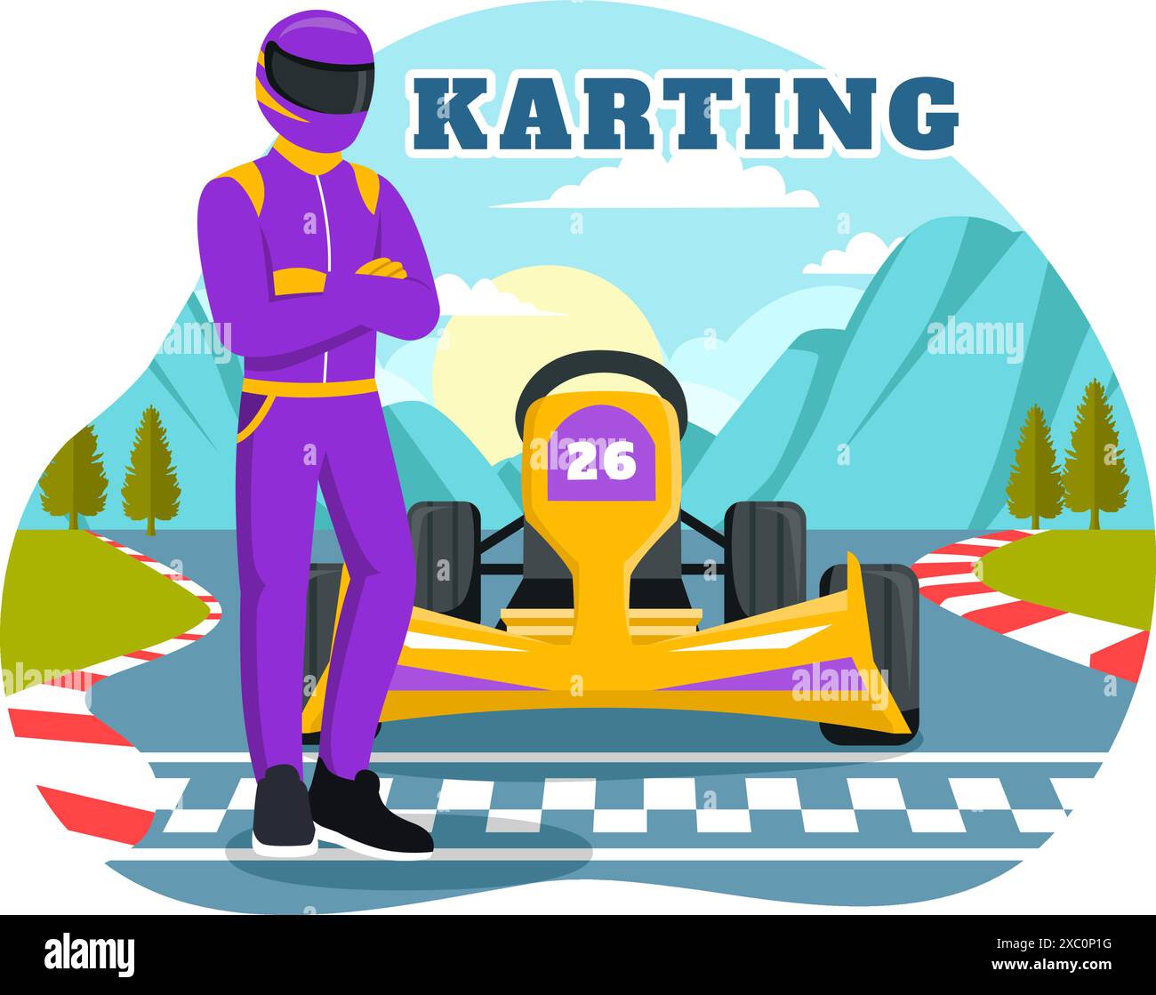 Illustration vectorielle de Karting Sport avec un jeu de course Go Kart ou Mini voiture sur une piste de petit circuit dans un design de fond de dessin animé de style plat Illustration de Vecteur