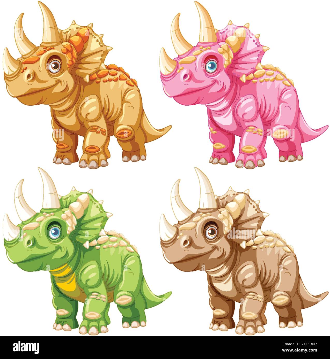 Quatre dinosaures de dessins animés mignons et colorés debout ensemble Illustration de Vecteur