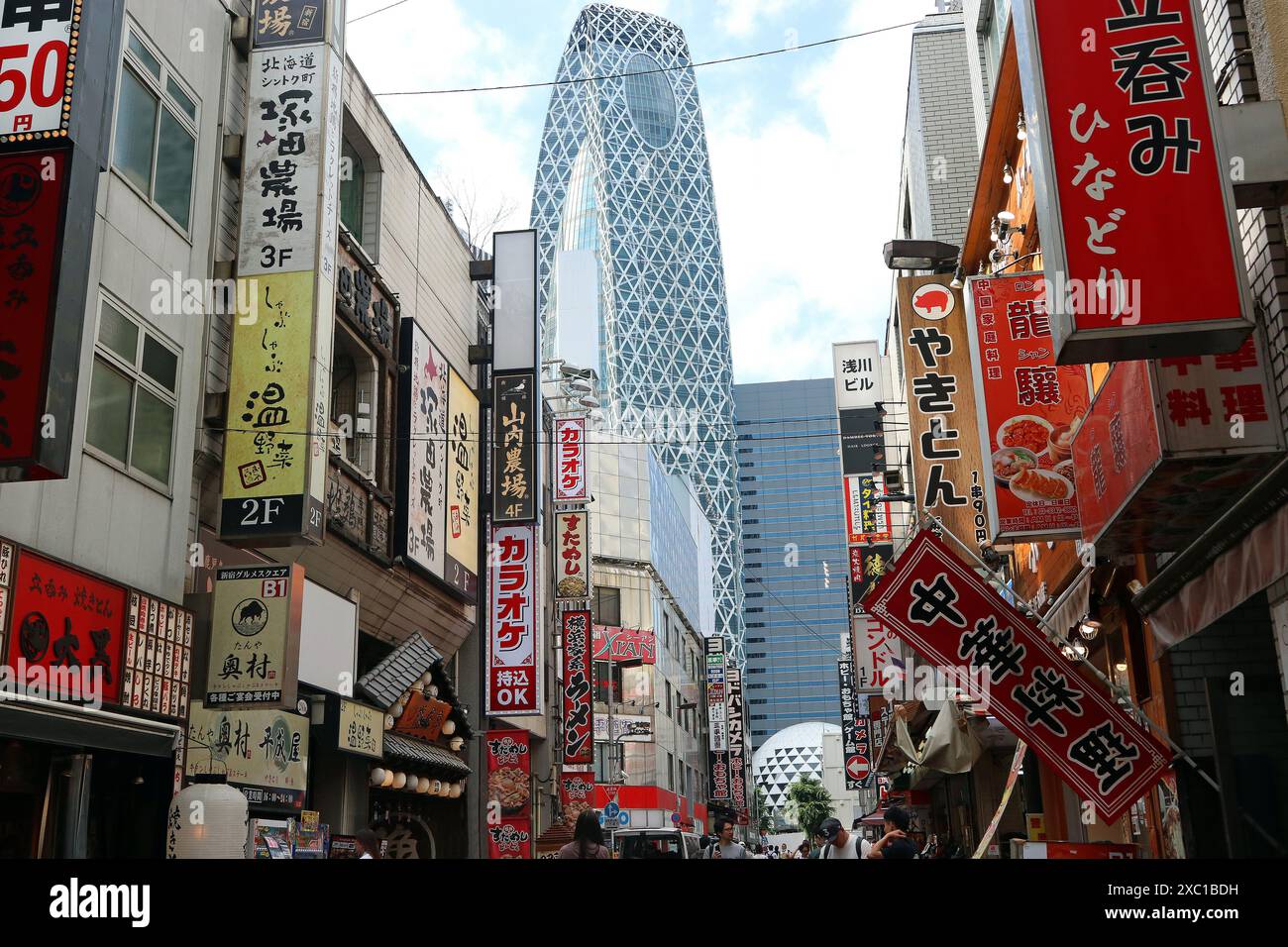 Nibangai Street (1 chome, ville de Nishi-Shinjuku) en journée, dominée par la signalisation publicitaire et la mode Gakuen Cocoon Tower sur l'horizon. Tokyo Japon Banque D'Images