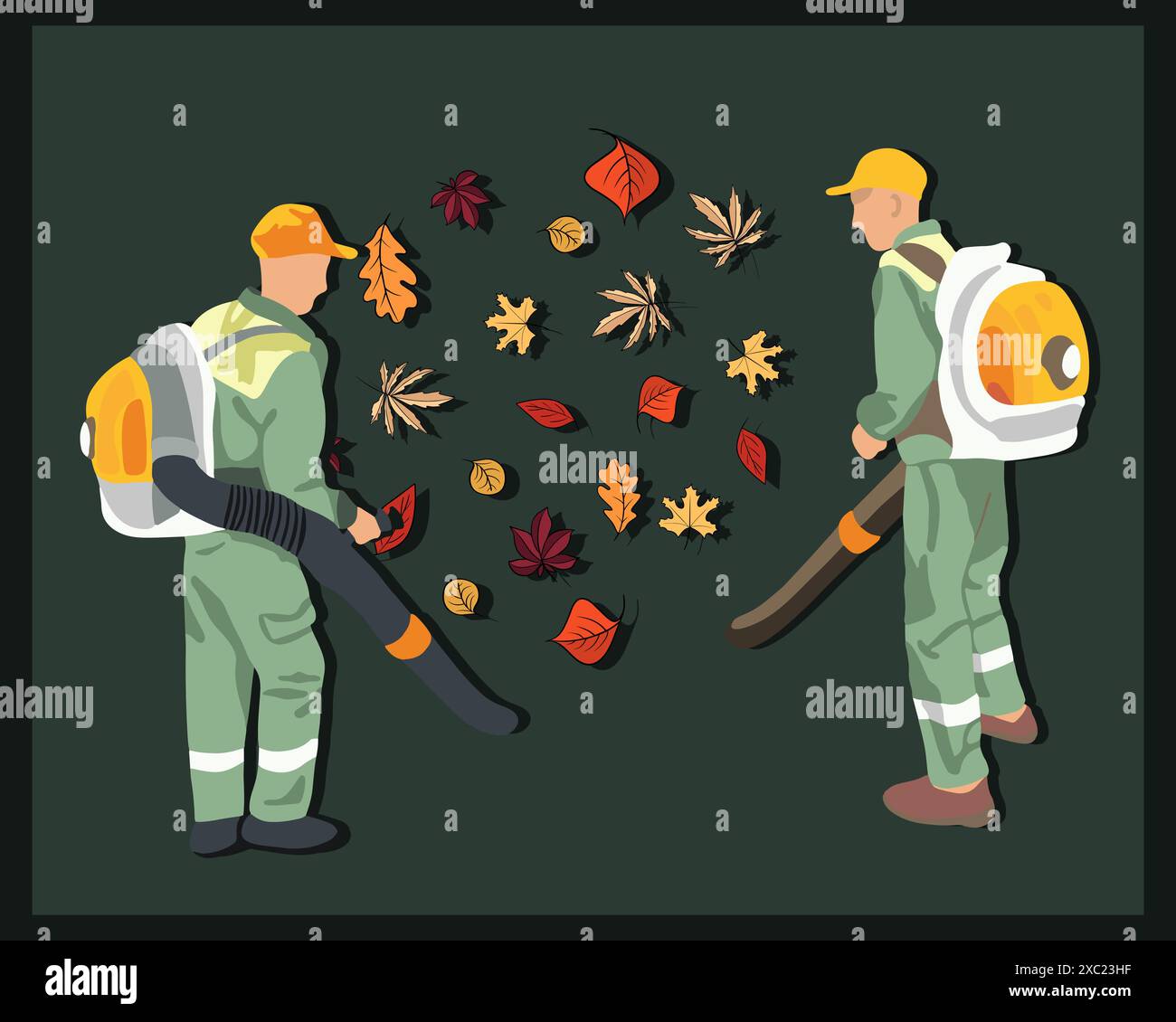 Illustration isolée vectorielle du nettoyage des feuilles d'automne. Un travailleur des services municipaux enlève les feuilles d’automne avec un aspirateur. Illustration de Vecteur