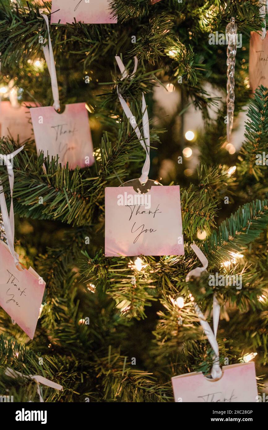 Notes de remerciement suspendues à l'arbre de Noël Banque D'Images