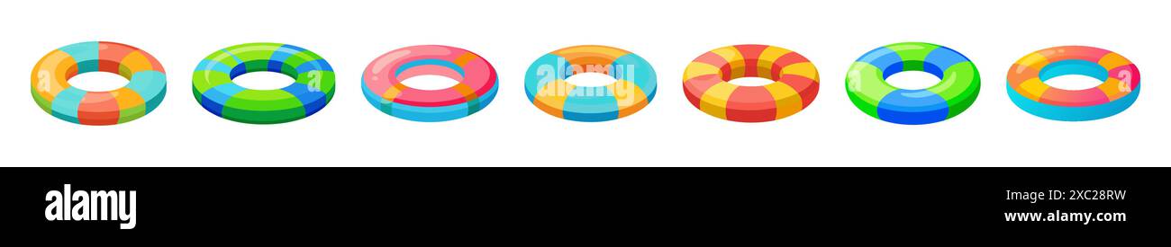 Ensemble d'anneaux de natation gonflables lumineux isolés sur fond blanc. Anneaux de flotteur colorés pour la natation estivale. Concept d'été, plaisir de piscine, vacances, Wat Illustration de Vecteur