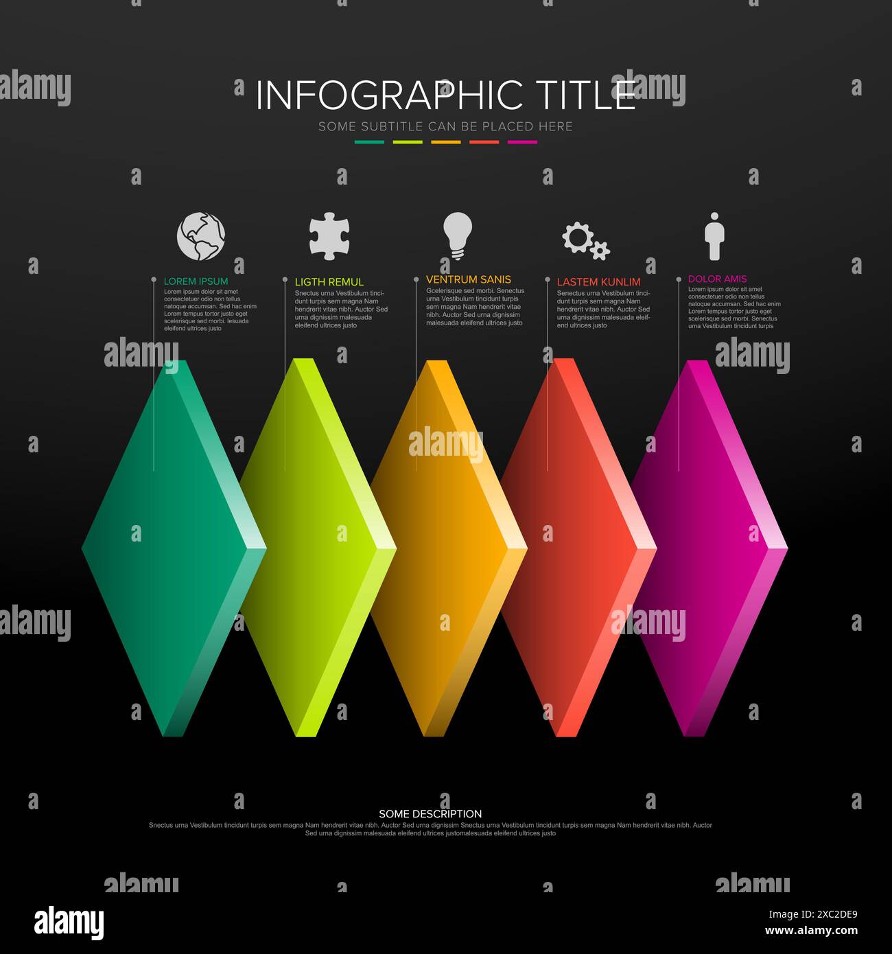 Modèle infographique avec cinq niveaux horizontaux de bureau arc-en-ciel sur fond gris foncé. Blocs carrés avec icônes et descriptions - Infogr polyvalent Illustration de Vecteur