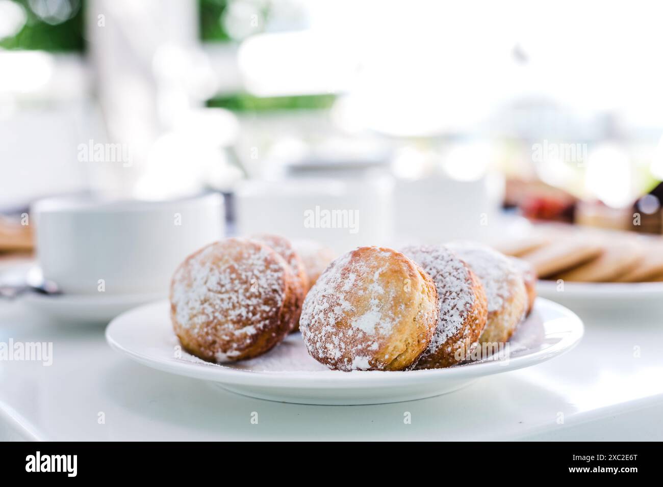 Délicieux biscuits au sucre en poudre sur assiette élégante Banque D'Images