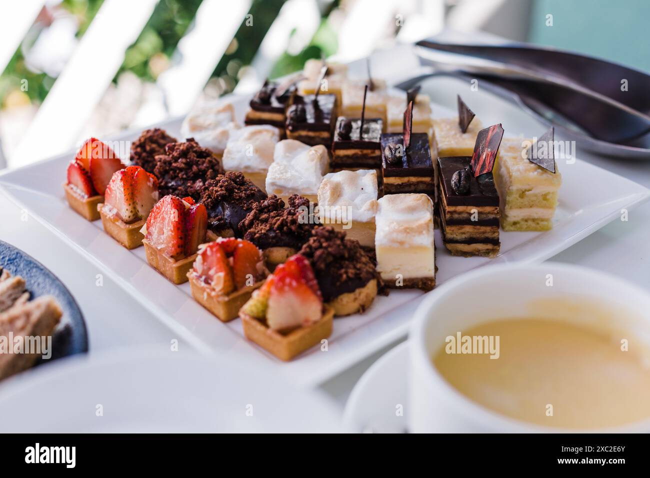 Assortiment élégant de mini desserts sur une assiette stylée Banque D'Images