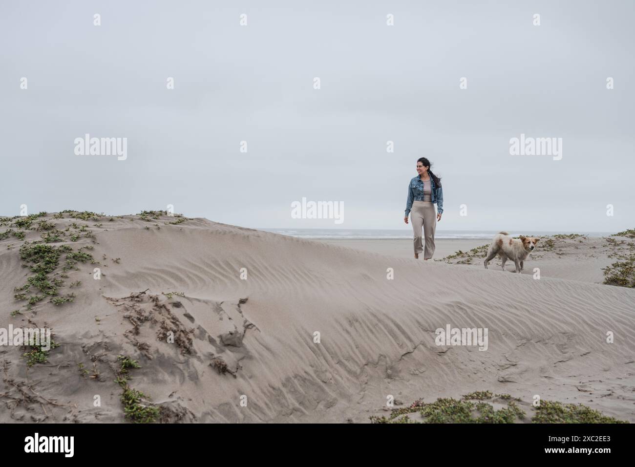Femme Walking Dog sur Sandy Dunes le jour nuageux Banque D'Images