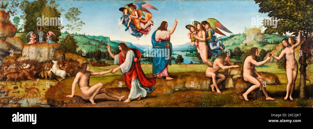 Mariotto Albertinelli, création et chute de l'homme (Adam et Eve), peinture à l'huile sur panneau, 1513-1514 Banque D'Images