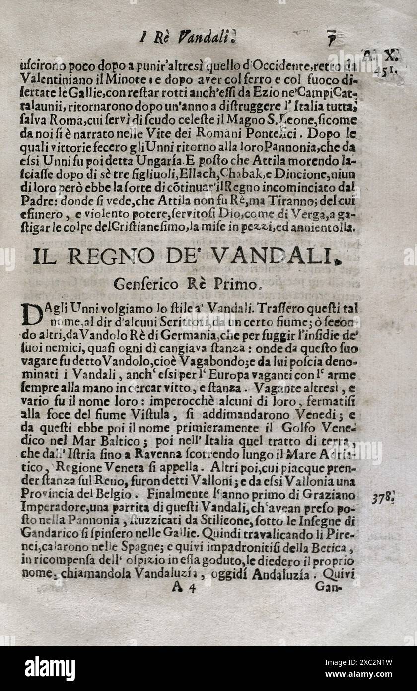 Mappamondo Istorico. Volume IV. Royaumes découlant du déclin et de la chute de l'Empire romain en Occident. De 420 AD à 1692 AD. Le Royaume des Vandales. Roi Gaiseric (vers 389-477). Par le Père Antonio Foresti (1625-1692), de la Compagnie de Jésus. Parme, 1710. Banque D'Images