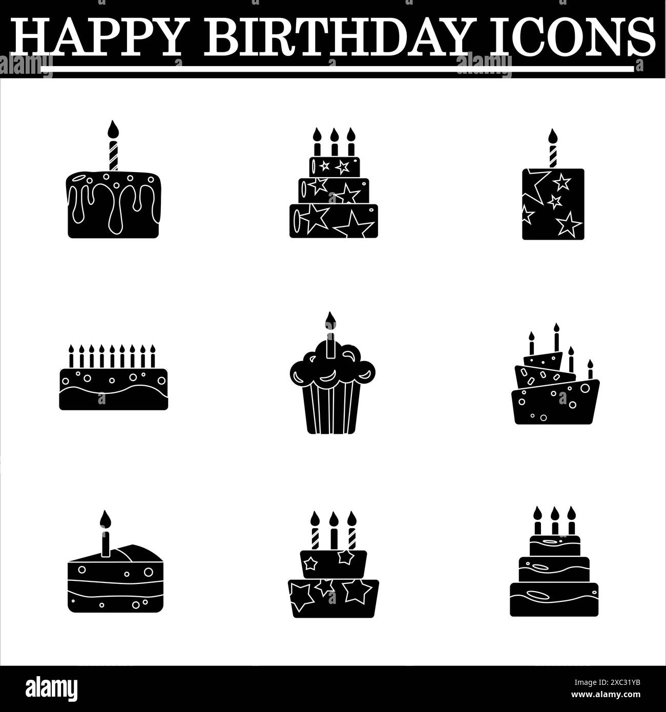 Ensemble d'icônes simples d'anniversaire sur le fond blanc. Icônes noires de célébration. Vecteur isolé. Gâteau d'anniversaire. Banque D'Images