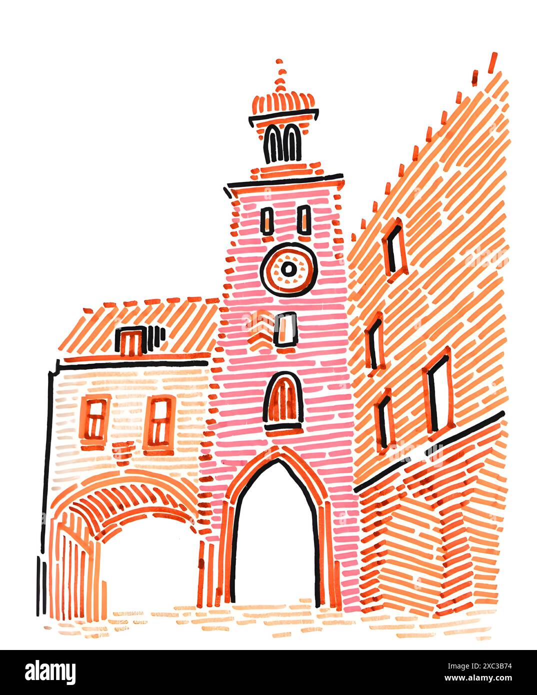 Ville allemande de Ratisbonne ou Ratisbonne, située en Bavière, à côté du Danube, illustration de dessin à la main, vecteur. Session de tourisme. Banque D'Images