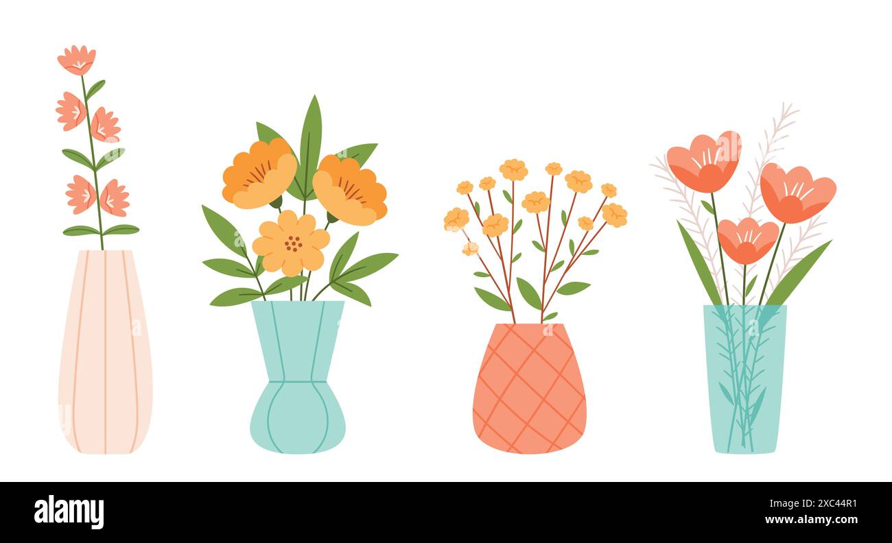 Un ensemble de différents vases avec bouquets. Fleurs printanières florissantes dans d'élégants vases en céramique. Fleurs aux couleurs pastel. Illustration de Vecteur