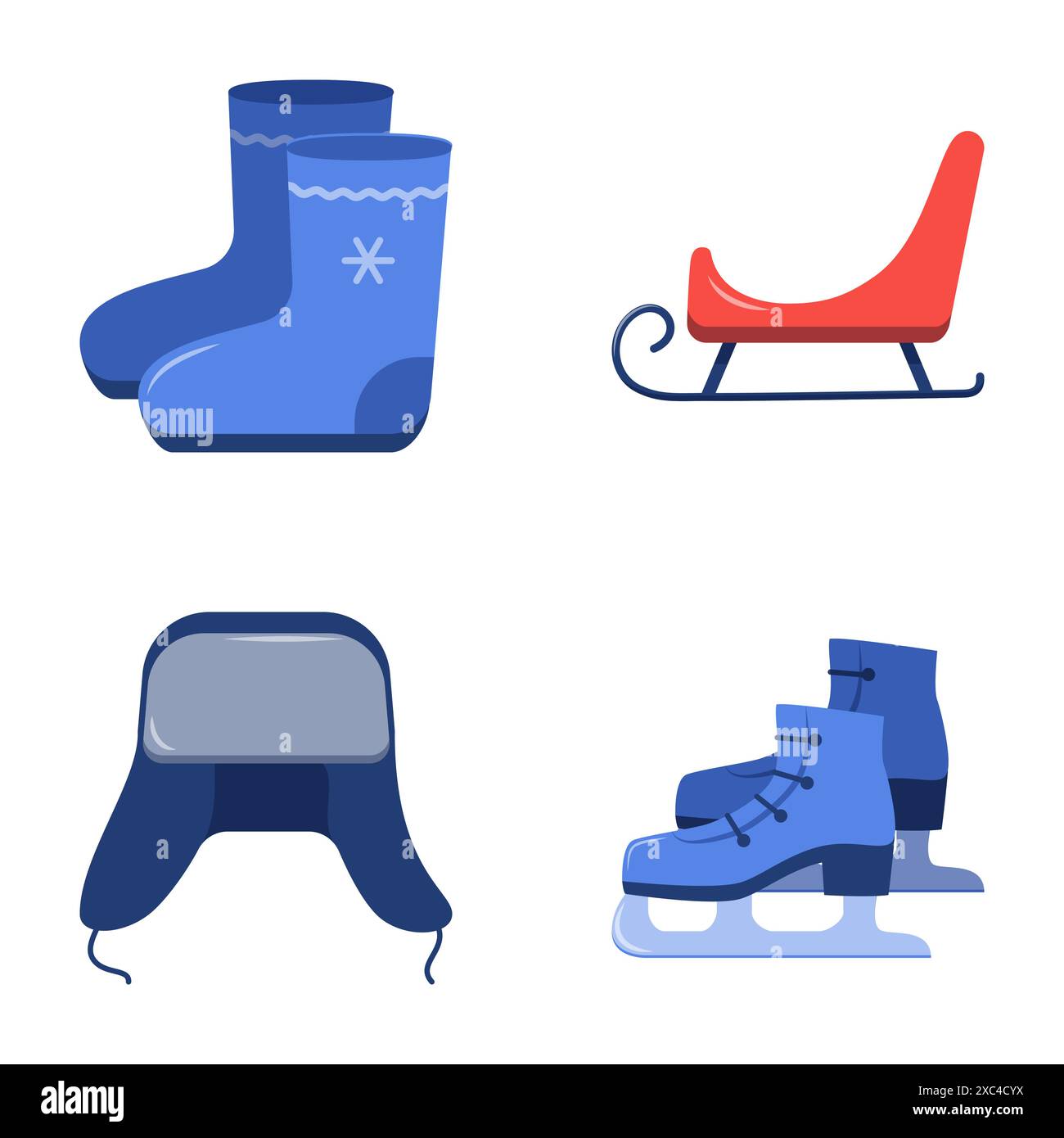 Ensemble d'icônes plates russes traditionnelles d'hiver. Vêtements par temps froid, patins à glace et traîneaux. Illustration vectorielle. Illustration de Vecteur