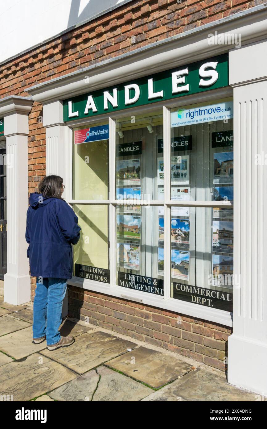 Femme regardant dans la fenêtre des agents immobiliers Landles à King's Lynn, Norfolk. Banque D'Images