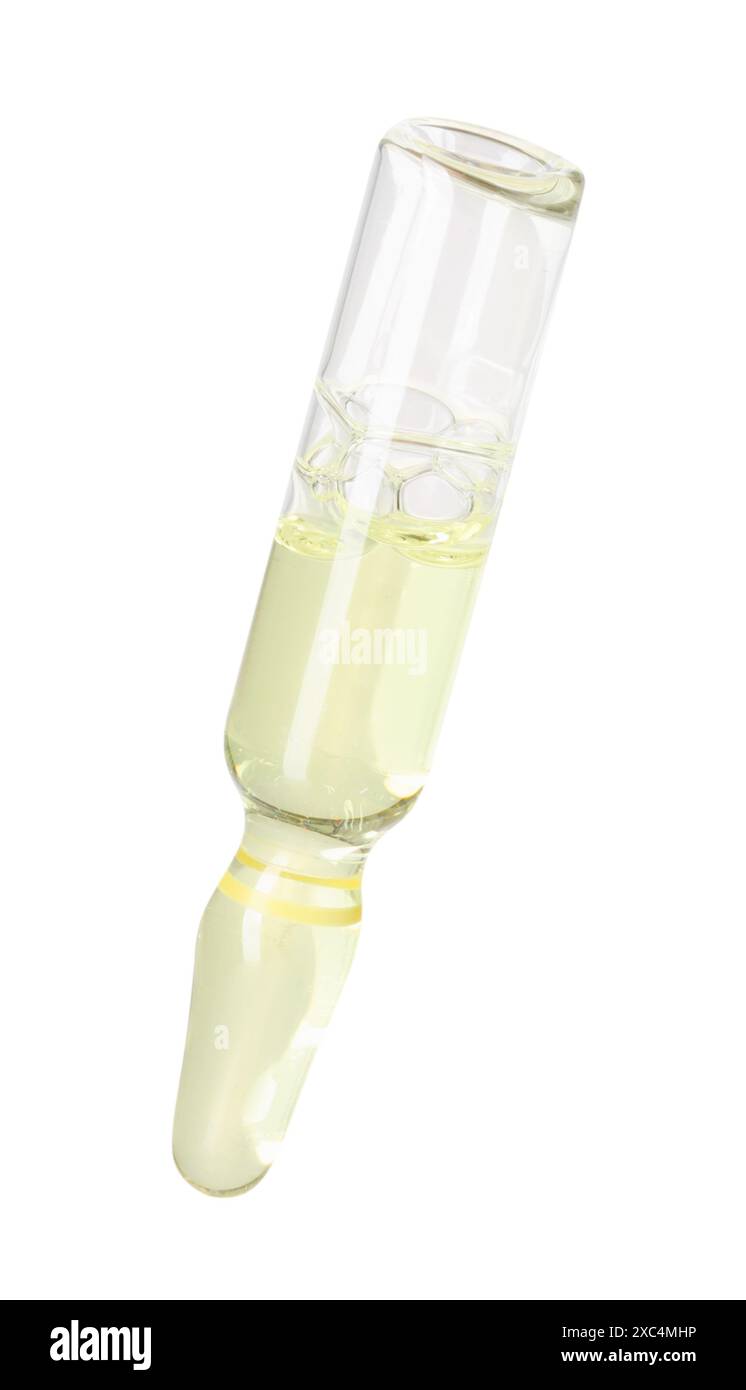 Ampoule en verre avec liquide isolé sur blanc Banque D'Images