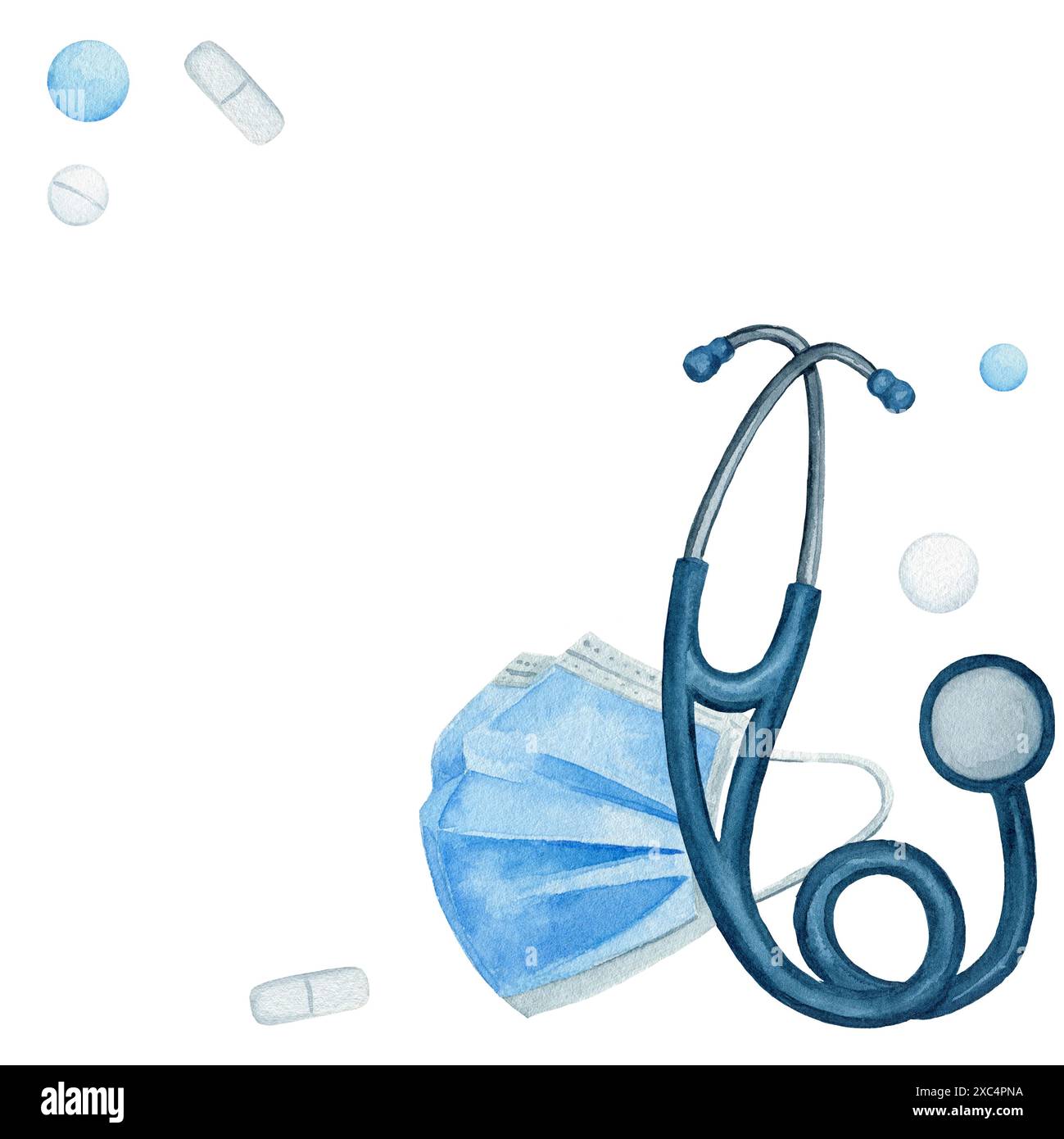 Carte médicale, composition de coin carré avec stéthoscope, masque et pilules. Illustration aquarelle, composition isolée sur fond blanc pour les cartes, Banque D'Images