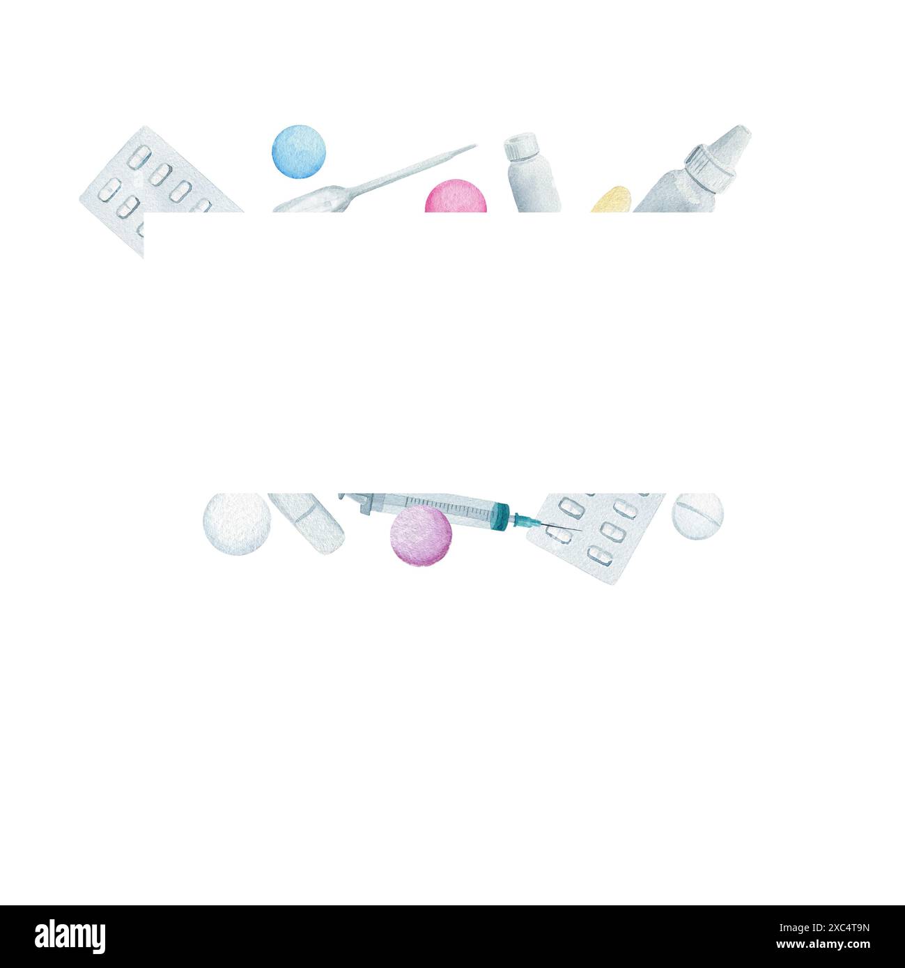 Carte médicale, composition carrée avec pipette, seringue, pilules et flacons. Illustration aquarelle, composition isolée sur fond blanc pour les cartes Banque D'Images Carte médicale, composition carrée avec pipette, seringue, pilules et flacons. Illustration aquarelle, composition isolée sur fond blanc pour les cartes Banque D'Images