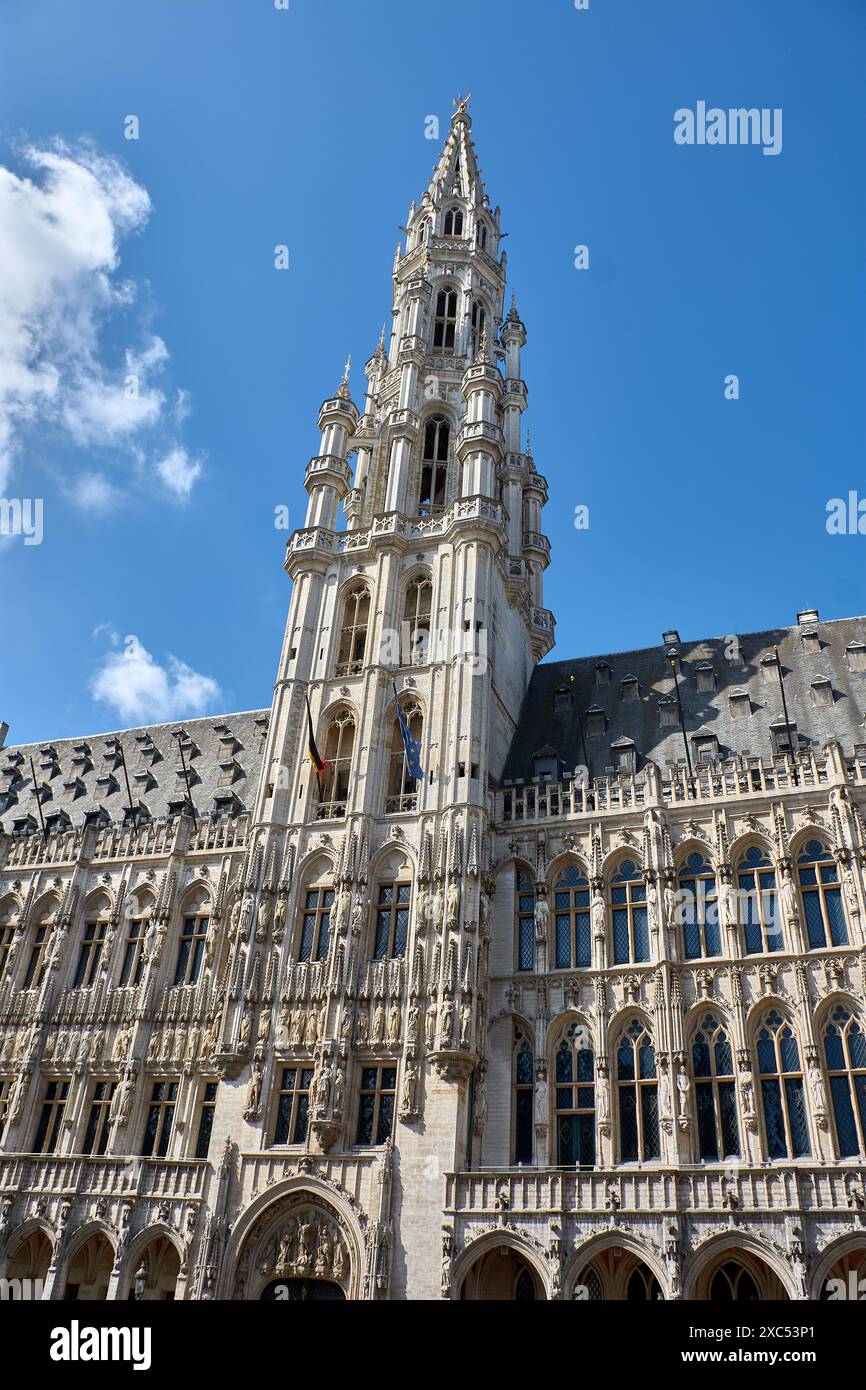 Le clocher gothique brabantin de l'hôtel de ville, Grand place, Belgique Bruxelles. Banque D'Images