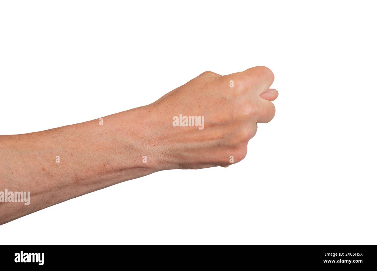 Signe de la figue, geste du pouce, bras, symbole de la main signal de l'arrière-plan du doigt. Tenez en gros plan isolé blanc. Personnes personne homme homme homme mâle vue dorsale ri Banque D'Images