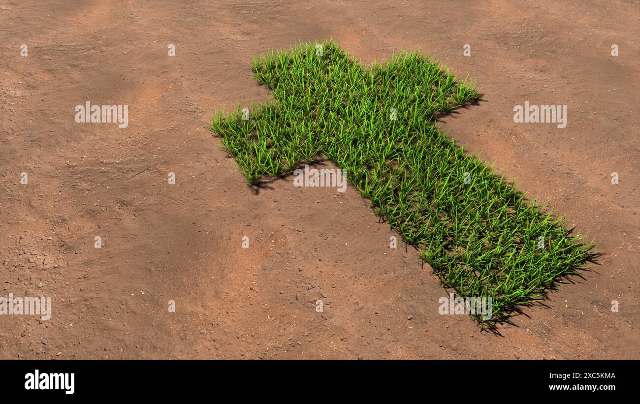 Concept conceptuel vert été pelouse herbe symbole forme sur sol brun ou fond de terre, signe de la croix chrétienne religieuse. 3d métaphore de l'illustration Banque D'Images