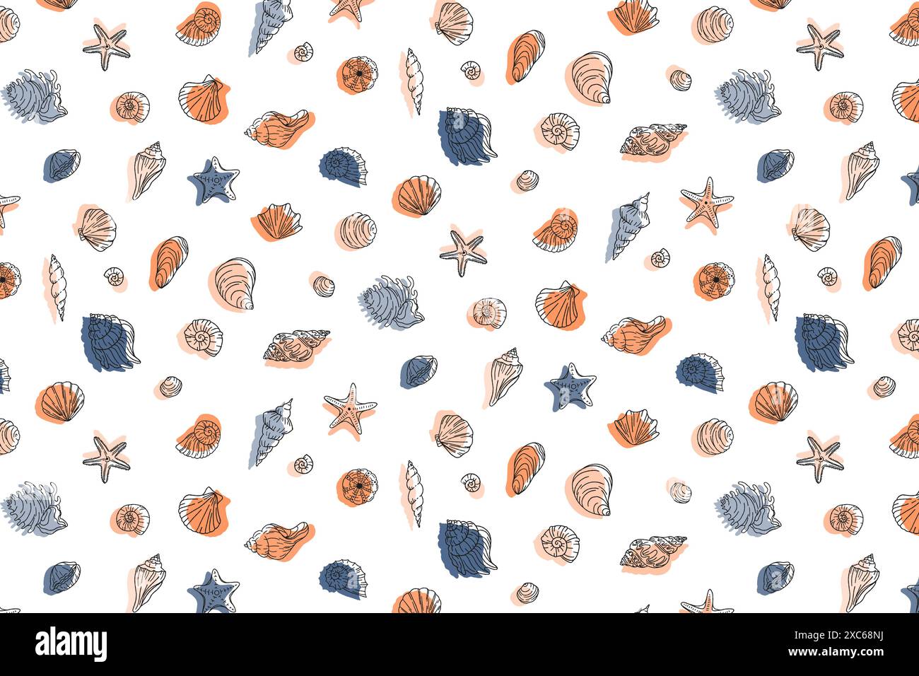Seashells doodle papier peint dessiné à la main. Coquillage océanique, mollusque spirale étoile de mer. Les éléments de conception de l'eau répètent l'ornement. Tissu vectoriel contour te Illustration de Vecteur