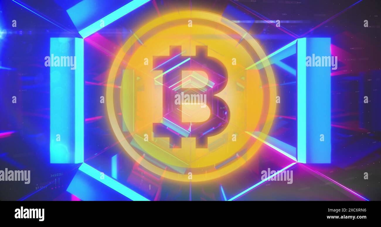 Image de bitcoin sur des formes bleues Banque D'Images
