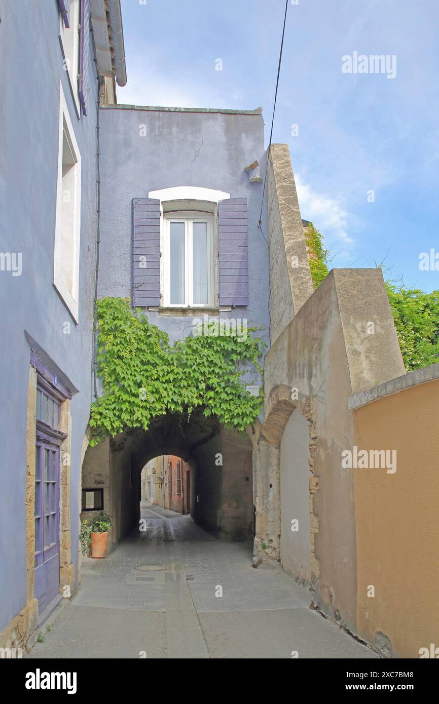 Ruelle étroite avec arche et maisons, idylle, volets violets, L'Isle-sur-la-Sorgue, Vaucluse, Provence, France Banque D'Images