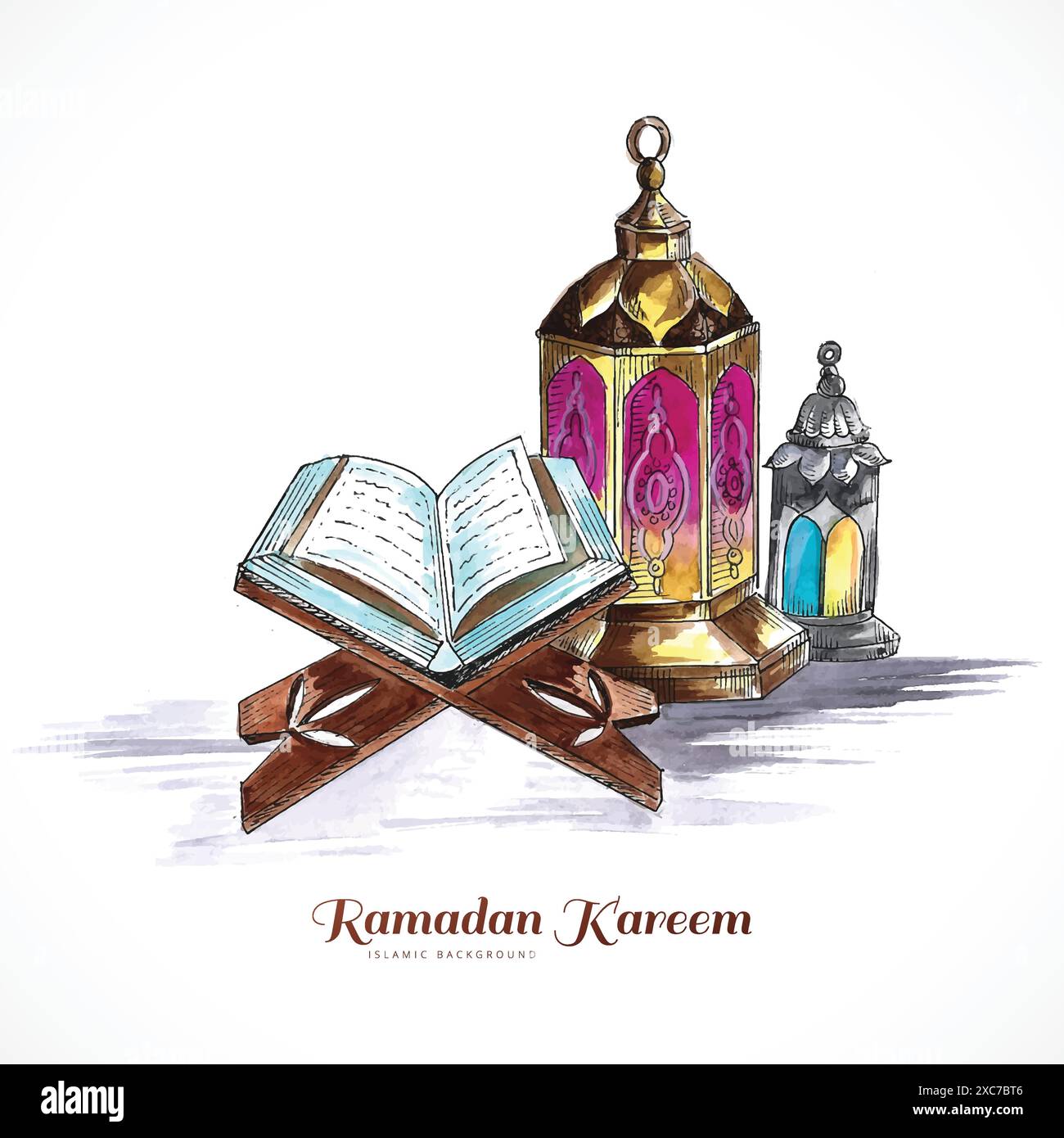 Livre Saint du Coran sur le stand avec des lampes arabes ramadan kareem fond de carte Illustration de Vecteur