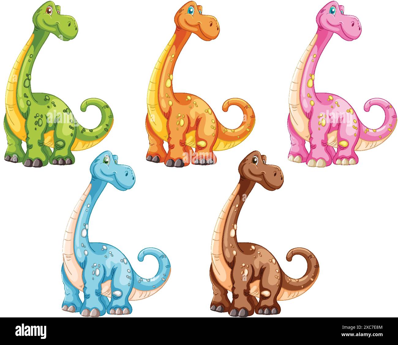 Cinq dinosaures de dessins animés mignons et colorés debout Illustration de Vecteur