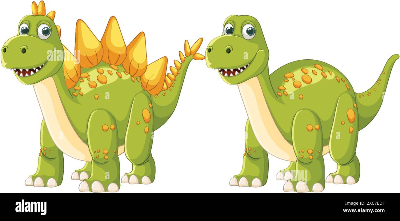 Deux dinosaures verts souriants avec des taches orange Illustration de Vecteur