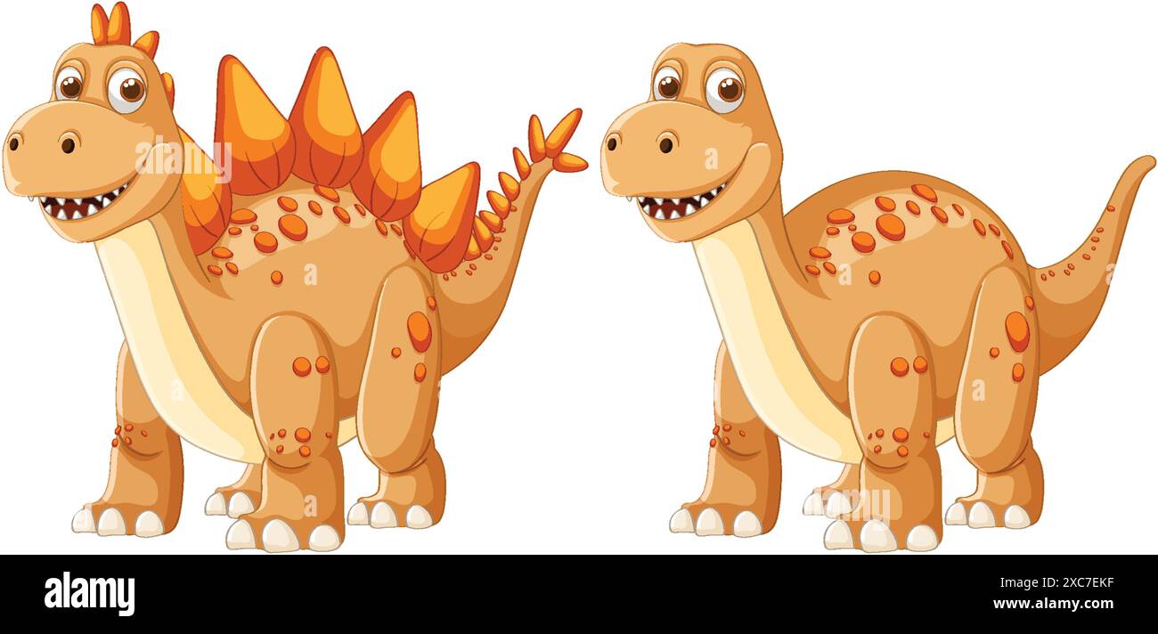 Deux adorables dinosaures avec des taches orange et des pointes Illustration de Vecteur