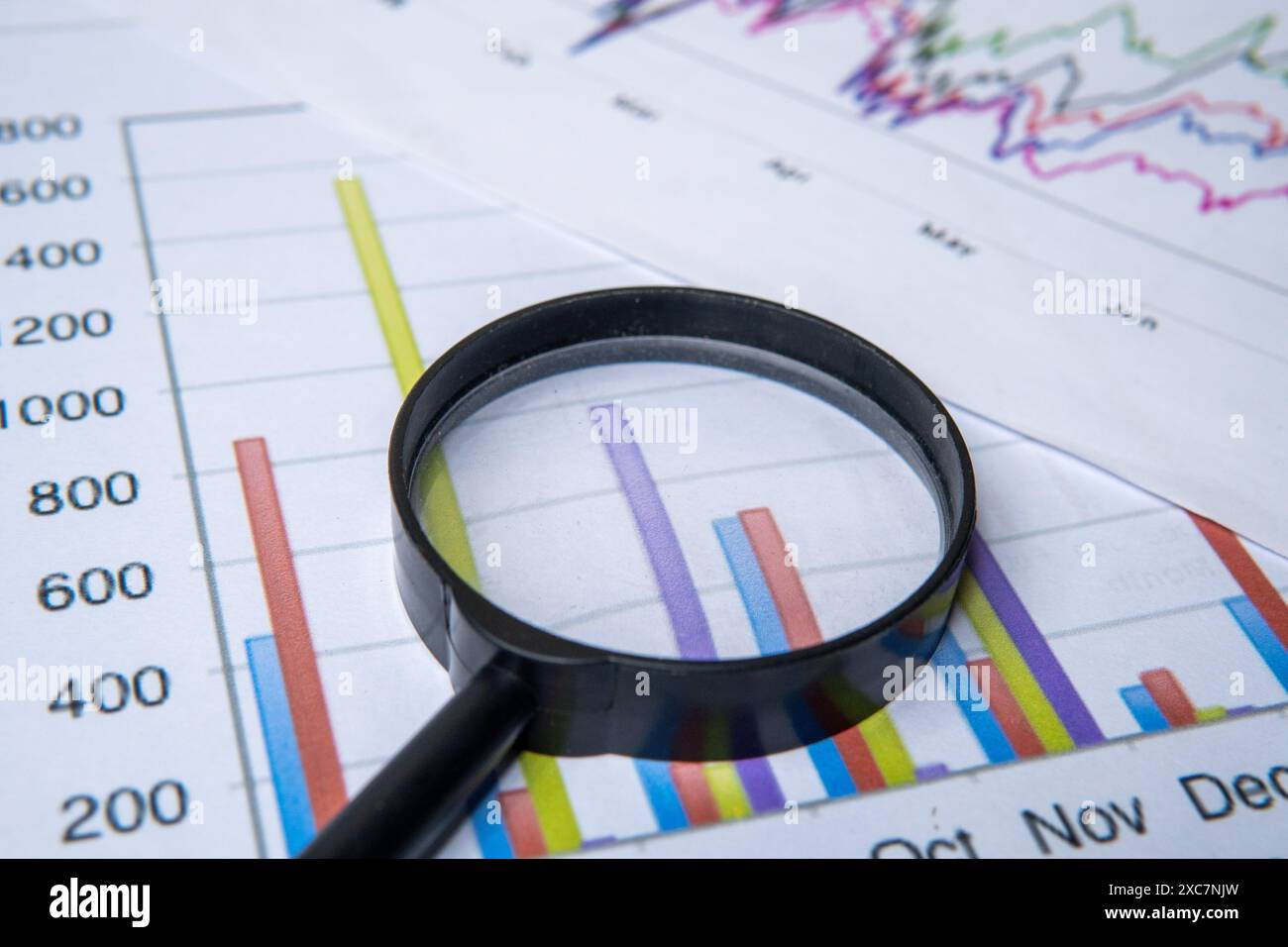 Gros plan d'une loupe et d'un graphique. Analyse commerciale, concept de diligence raisonnable. Banque D'Images