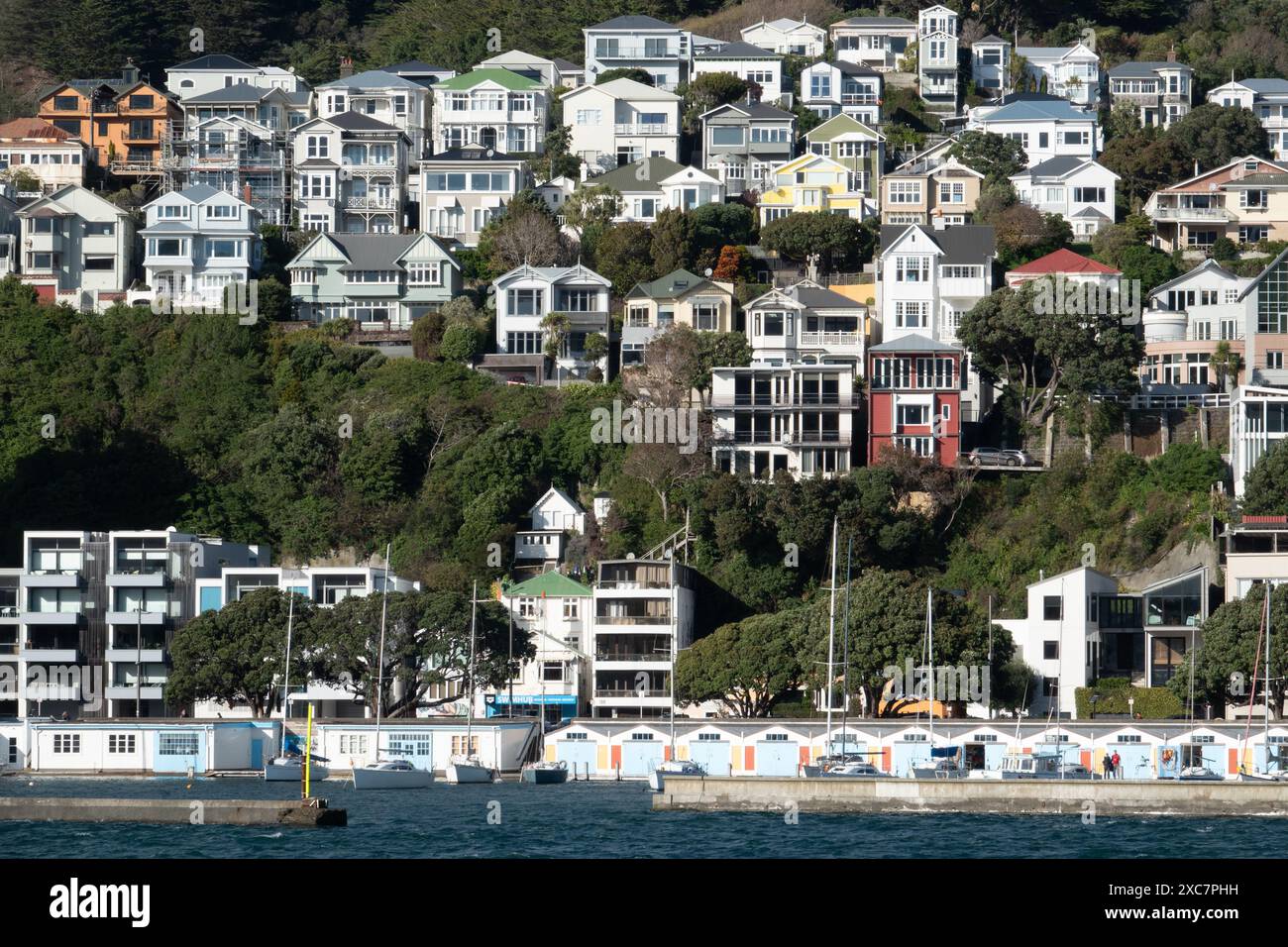 Maisons à étages et hangars à bateaux Oriental Bay dans le port de Wellington, Wellington, Nouvelle-Zélande Banque D'Images