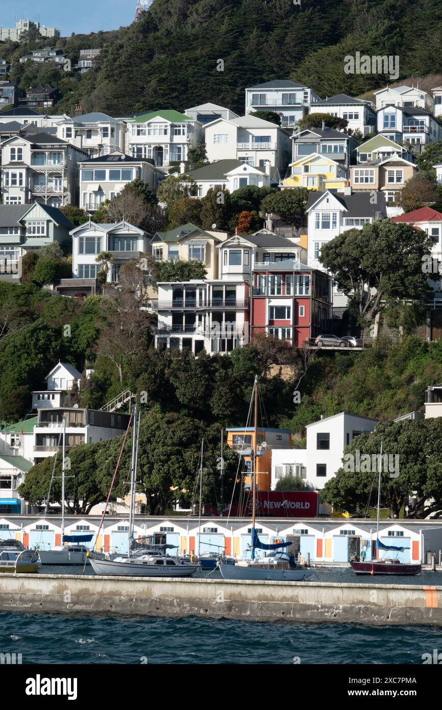 Maisons à étages et hangars à bateaux Oriental Bay dans le port de Wellington, Wellington, Nouvelle-Zélande Banque D'Images