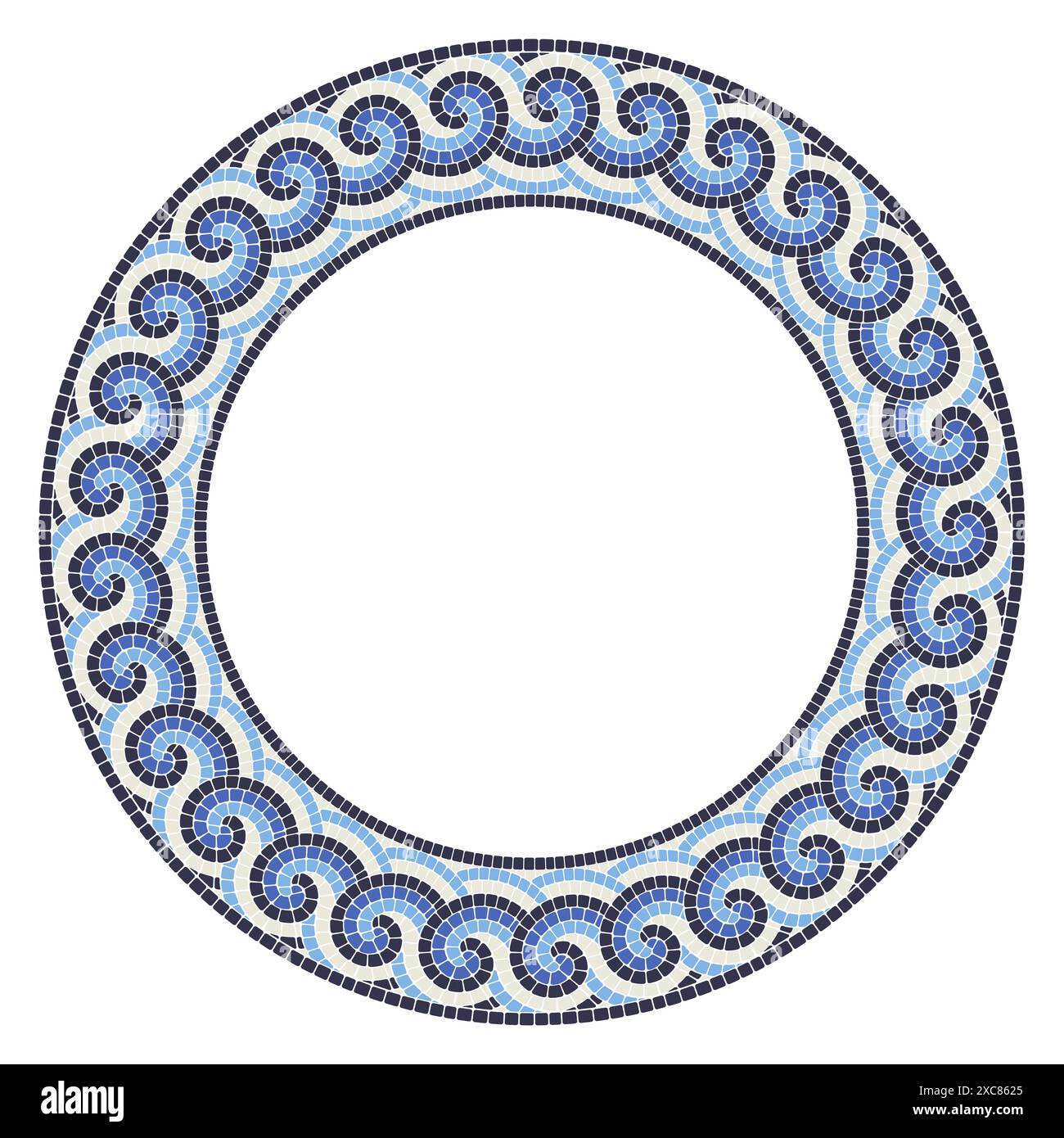 Cadre en mosaïque ronde avec boucles de vagues de mer dans le style portugais, décor de bordure de cercle avec ornement grec, vecteur Illustration de Vecteur