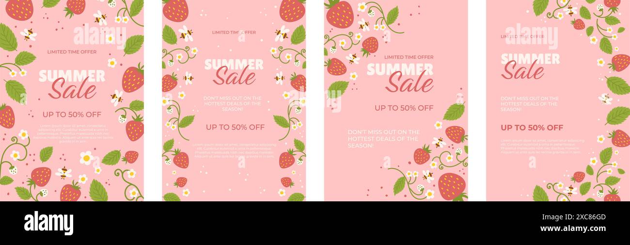 Ensemble de quatre affiches de vente d'été avec un fond rose, décoré de fraises, d'abeilles et de fleurs. Les affiches annoncent une offre limitée dans le temps WIT Illustration de Vecteur
