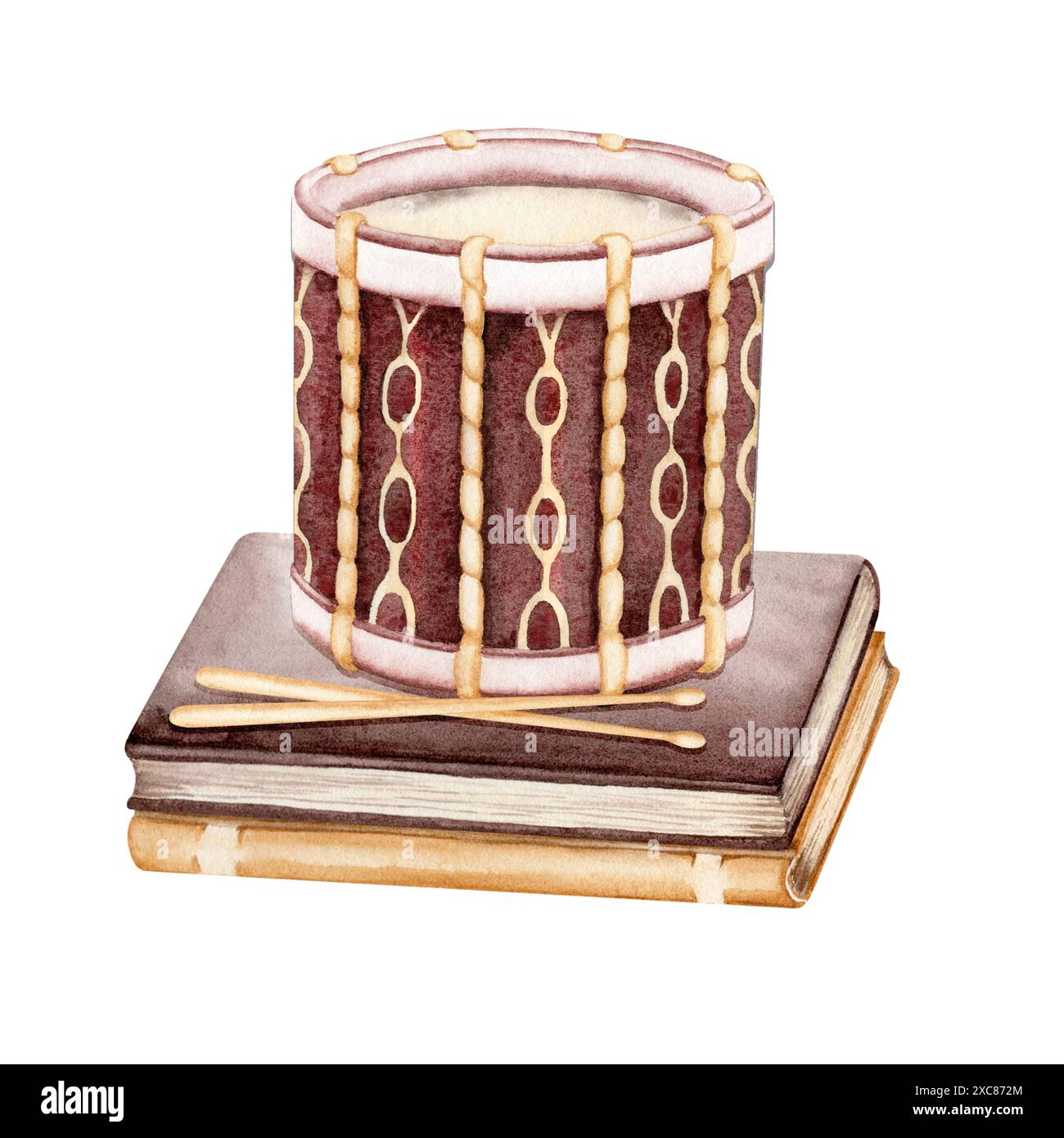 Tambour vintage sur une pile de vieux livres. Instrument de musique antique avec baguettes de tambour. Illustration d'aquarelle dessinée à la main isolée sur fond blanc Banque D'Images