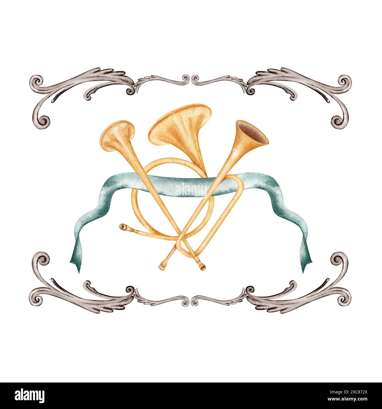 Décoration murale vintage carrée. Cadre de style ancien avec trompettes fanfare et cornes décorées de ruban bleu. Illustration d'aquarelle dessinée à la main Banque D'Images