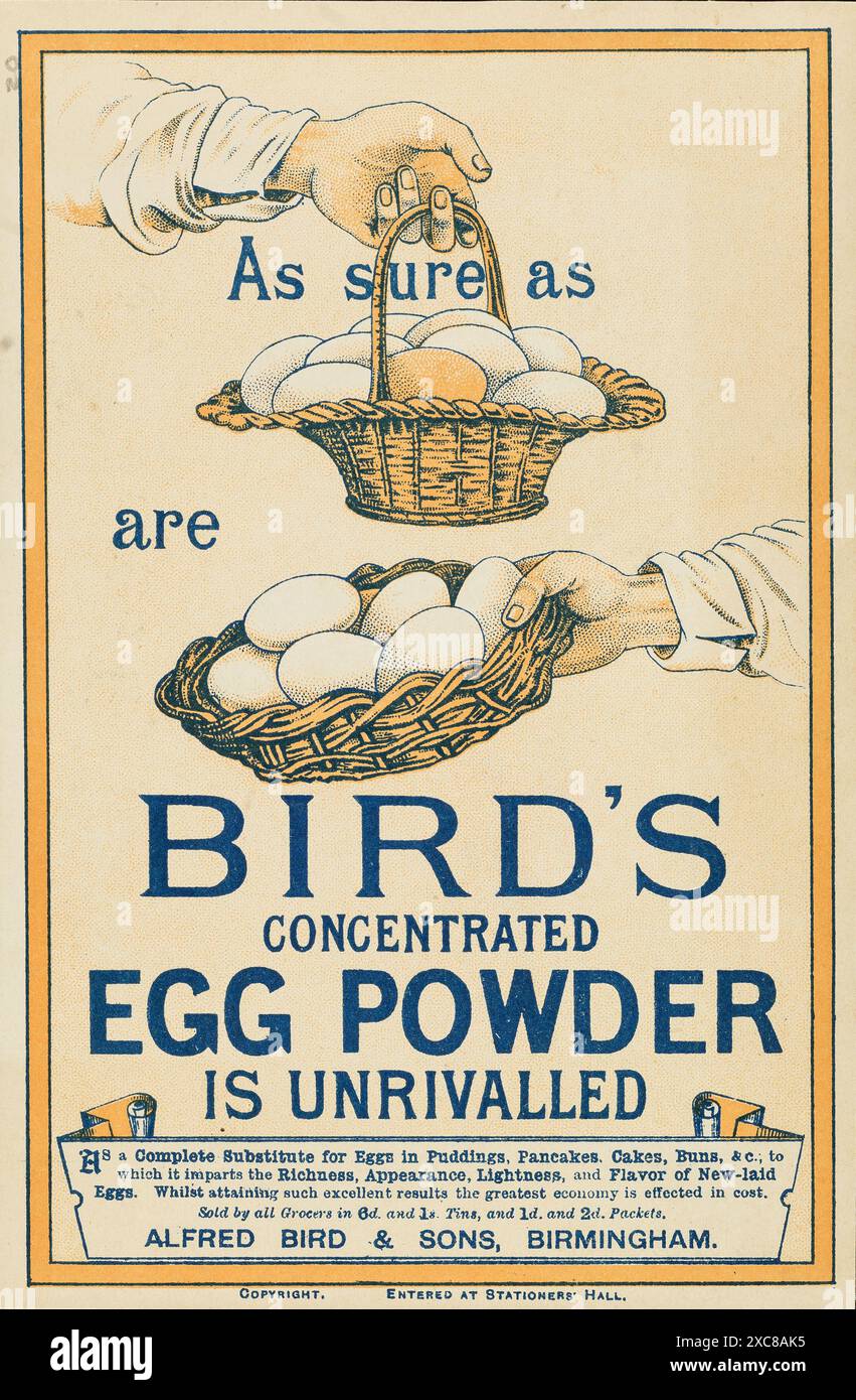 Une publicité vintage pour Birds Concentrated Egg Powder, datant du début des années 1900 L'image montre deux mains tenant des paniers d'œufs, soulignant la capacité des produits à remplacer les vrais œufs dans la cuisson. Le texte se vante que Birds Egg Powder est inégalée et offre un substitut complet aux œufs dans divers produits de boulangerie. Banque D'Images