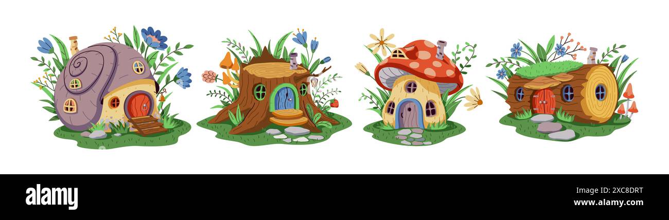 Gnome magique ou maisons de fées en coquille spirale, souche, agarique de mouche, bûche. Une maison sur une pelouse verte décorée de fleurs et de feuilles. La maison a un Illustration de Vecteur