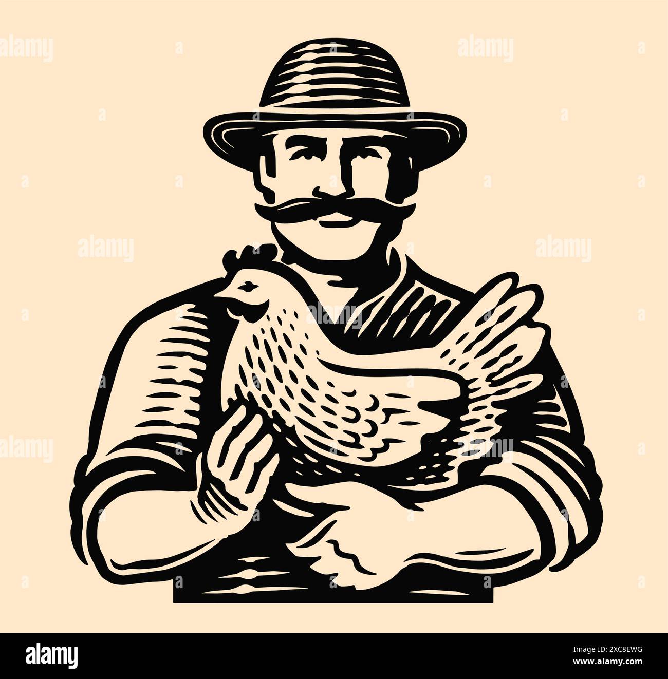 Agriculteur mâle senior tenant le logo de poulet. Emblème d'élevage de volailles. Illustration vectorielle dessinée à la main Illustration de Vecteur