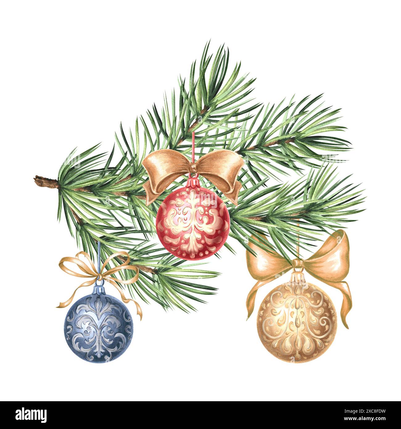 Boules d'arbre de Noël avec des noeuds de soie sur la branche d'épicéa. Illustration d'aquarelle dessinée à la main conception de vacances du nouvel an. PIN avec décoration en vintage Banque D'Images