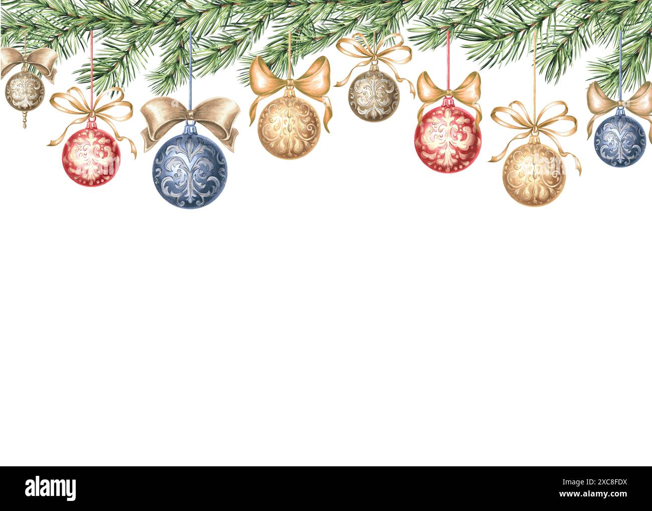 Boules d'arbre de Noël avec des noeuds de soie sur la branche d'épicéa. Illustration aquarelle dessinée à la main carte postale nouvel an design. PIN avec décoration vintage Banque D'Images