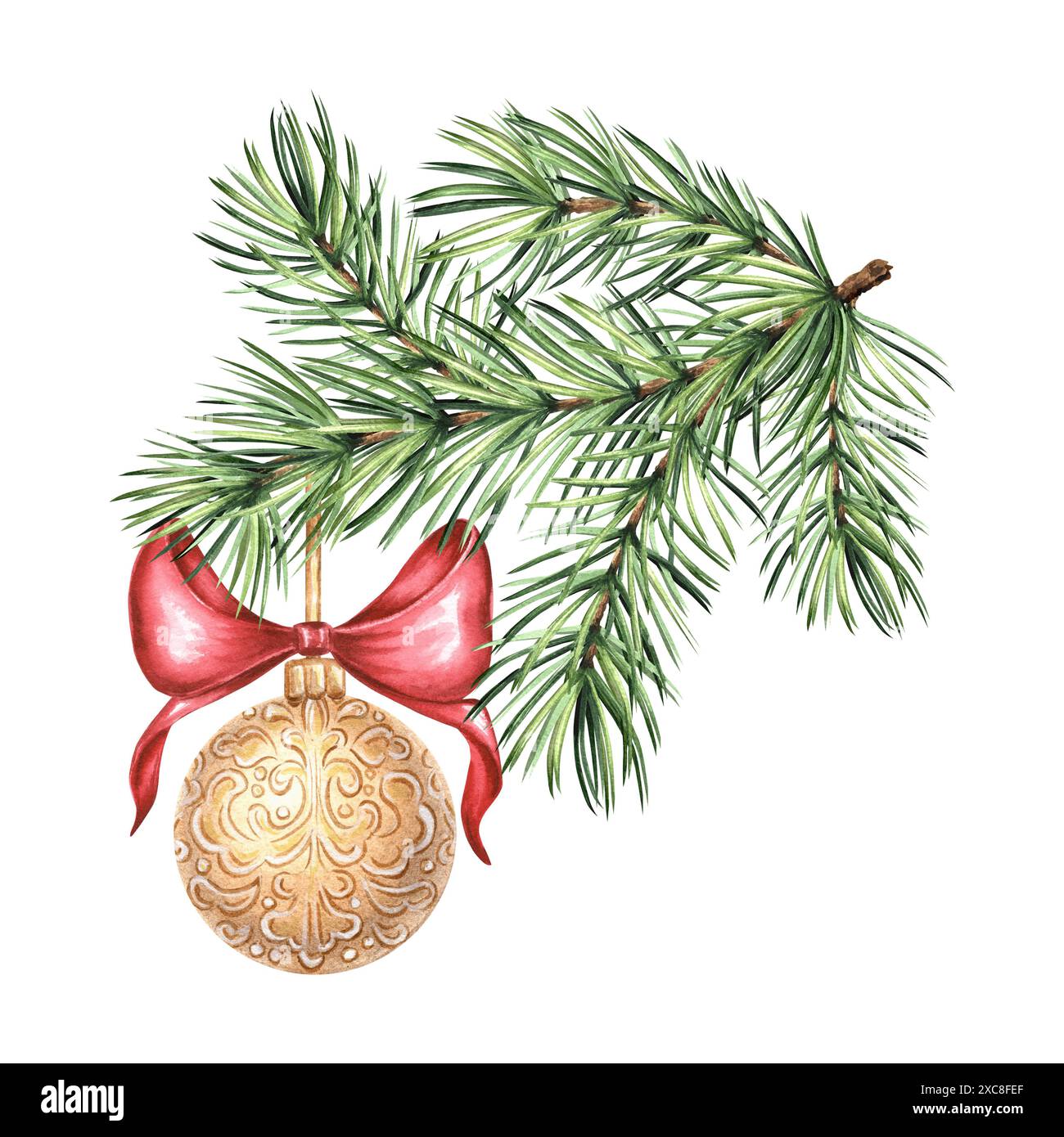 Boule d'arbre de Noël avec des noeuds de soie sur la branche d'épicéa. Illustration d'aquarelle dessinée à la main conception de vacances du nouvel an. PIN avec décoration en stile vintage Banque D'Images