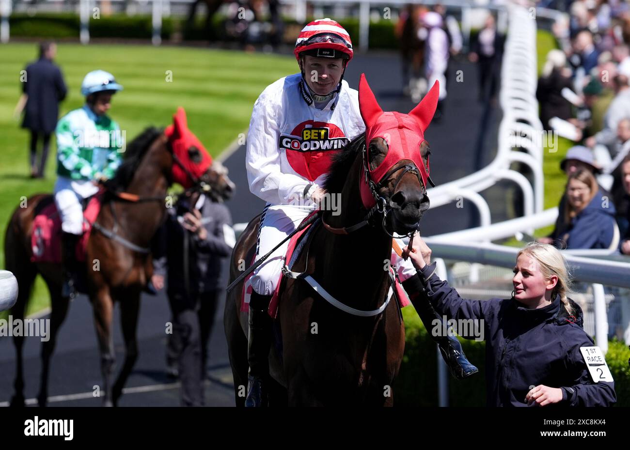 Brioni monté par le jockey Jamie Spencer dans le ring de parade avant le téléchargement de l'App BetMGM handicap à Sandown Park Racecourse, Esher. Date de la photo : samedi 15 juin 2024. Banque D'Images