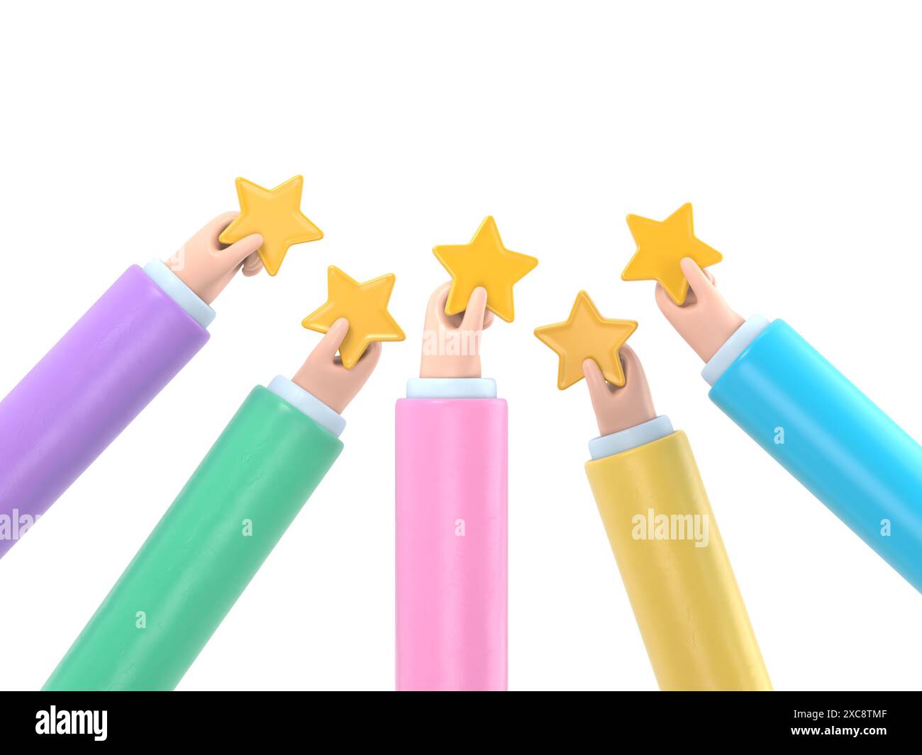 Illustration 3D de la main donnant cinq étoiles. Les clients choisissent une note de satisfaction et laissent des commentaires positifs. Concept de service à la clientèle et u Banque D'Images