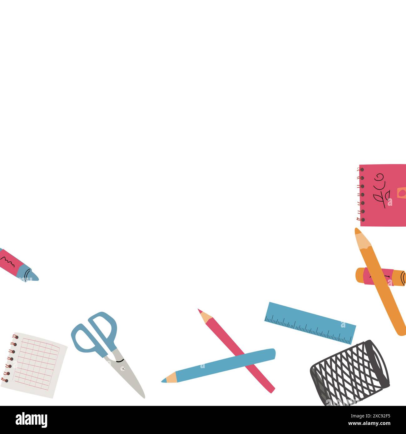 Retour à l'école, bannière ou cadre de maternelle. Enfants éléments scolaires, crayons de fond avec espace de copie. Fournitures pour enfants, design mignon. Peut être utilisé f Illustration de Vecteur