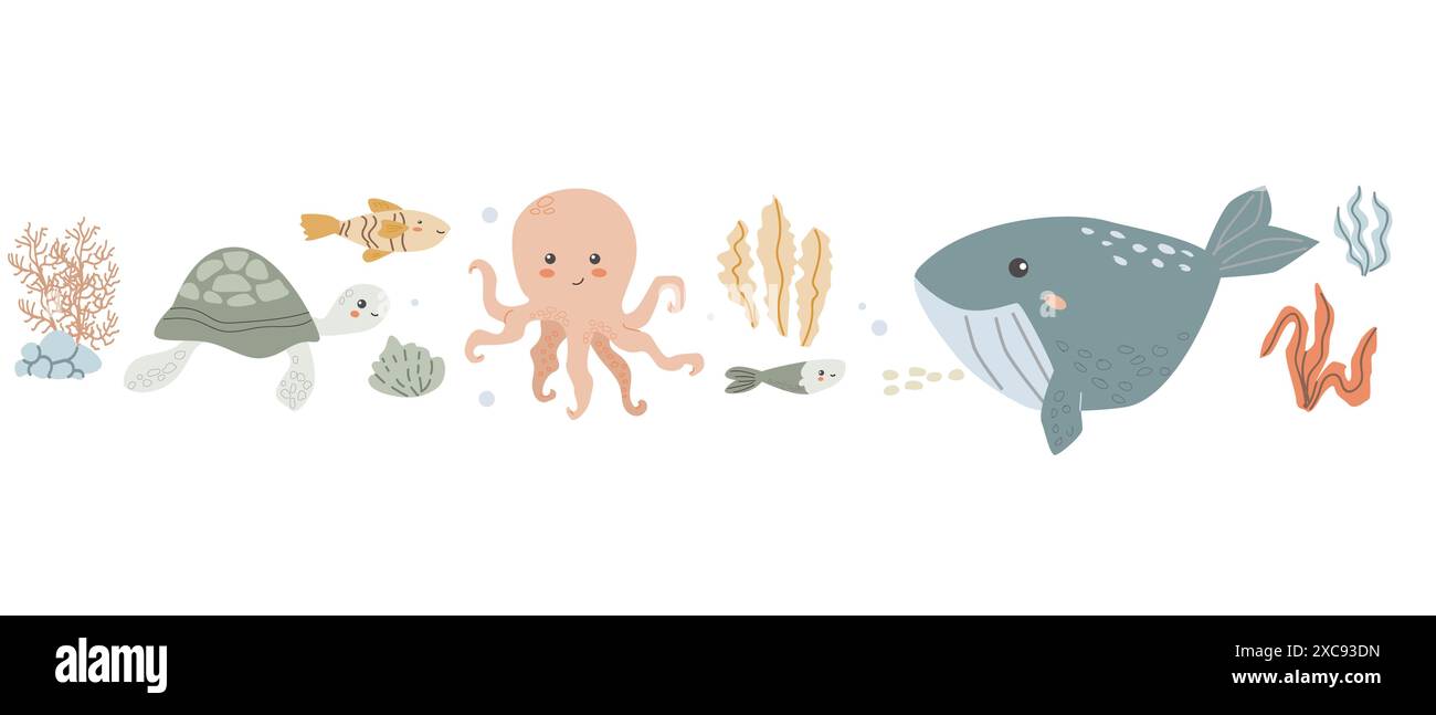 Fond d'animal marin pour enfants avec coquille. Bordure des éléments nautiques. Mignon poisson ou habitant de l'océan avec des algues. Vie sauvage marine, animaux marins avec p Illustration de Vecteur