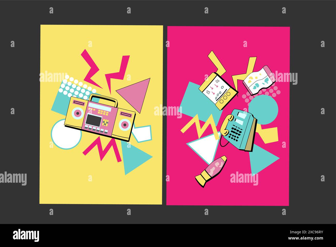 fond musical des années 90. Affiches disco rétro avec des éléments y2k ou 00s. Matériel de jeu ou de musique, ordinateur portable des années 90 Fond lumineux pour le réseau social Illustration de Vecteur