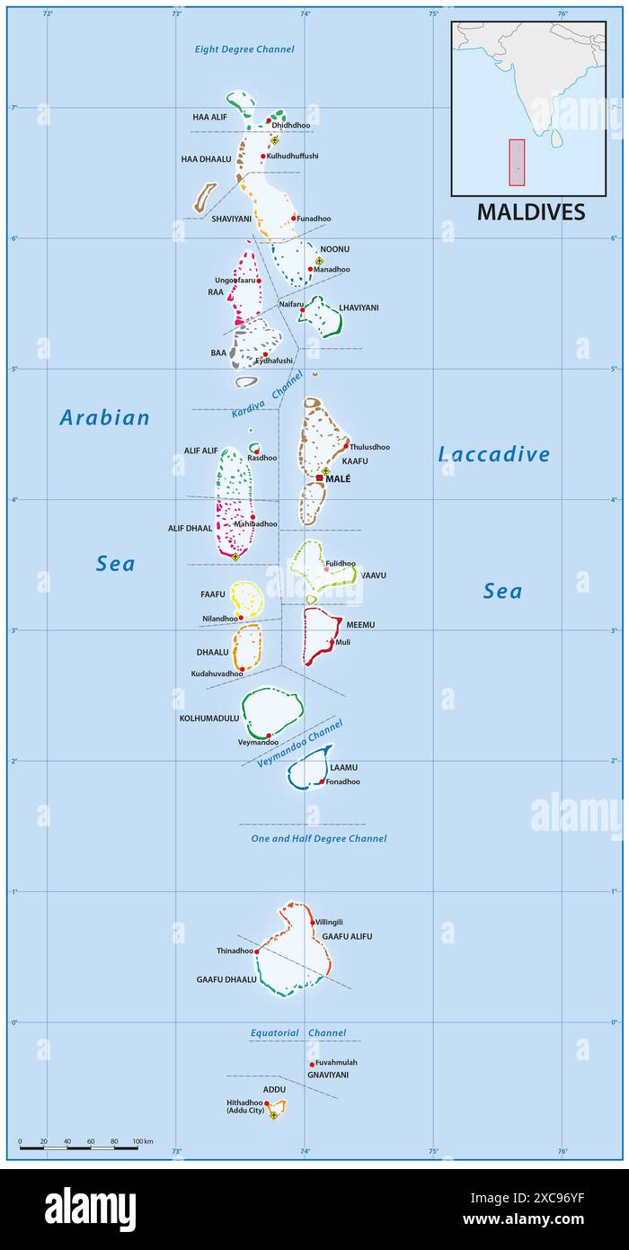 Carte vectorielle administrative de la République des Maldives Banque D'Images Carte vectorielle administrative de la République des Maldives Banque D'Images