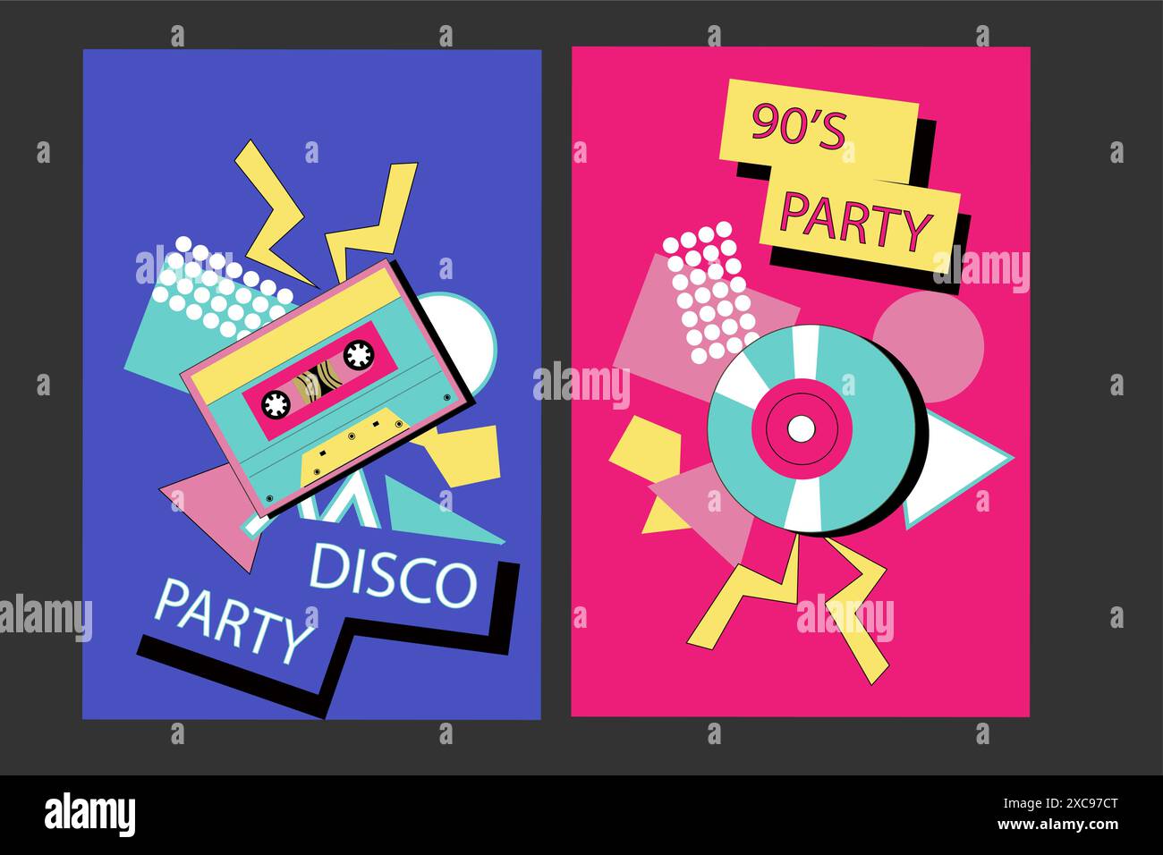fond musical des années 90. Affiches disco rétro avec des éléments y2k ou 00s. Matériel de jeu ou de musique, ordinateur portable des années 90 Fond lumineux pour le réseau social Illustration de Vecteur